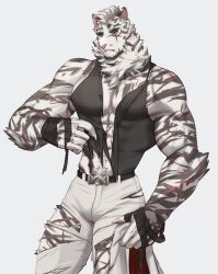 Rule 34 | 1boy, alternate pectoral size, animal ears, arknights, bandaged hand, bandages, bara, belt, black tank top, blue eyes, expressionless, facial hair, feet out of frame, furry, furry male, goatee, highres, looking at viewer, male focus, mature male, mountain (arknights), muscular, muscular male, navel, navel hair, pants, pectoral cleavage, pectorals, scar, scar across eye, shirt, short hair, solo, standing, susabi (susabi 3b), tank top, thick eyebrows, thighs, tiger boy, tiger ears, torn clothes, torn pants, torn shirt, white hair, white pants