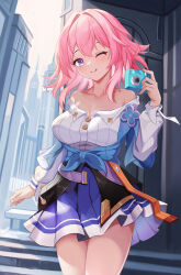 Rule 34 | 1girl, absurdres, armpit crease, bare shoulders, belt, blue eyes, blue jacket, blue skirt, breasts, camera, city, cleavage, closed mouth, collarbone, commentary, fingernails, flower ornament, hair between eyes, hair intakes, highres, holding, holding camera, honkai: star rail, honkai (series), jacket, large breasts, legs together, long bangs, long sleeves, looking at viewer, march 7th (honkai: star rail), medium hair, multicolored eyes, off-shoulder shirt, off shoulder, one eye closed, pink hair, pleated skirt, purple belt, purple eyes, raised eyebrows, shirt, skirt, smile, solo, stairs, standing, star (symbol), star in eye, symbol in eye, thighs, tied jacket, two-tone eyes, white shirt, you yuxi
