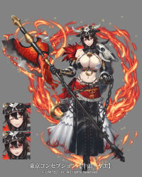 Rule 34 | 1girl, ^ ^, animal ears, axe, bare shoulders, bell, bikini, breasts, brown hair, chain, cleavage, closed eyes, cow ears, cuboon, closed eyes, fire, flame print, gauntlets, grin, hair between eyes, highres, holding, holding axe, horns, looking at viewer, mask, mask on head, navel, red eyes, shaded face, skirt, skull, smile, solo, swimsuit, tokyo conception