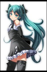 Rule 34 | 1girl, arms behind back, black bow, black dress, black thighhighs, blouse, blue eyes, blue hair, border, bow, cowboy shot, detached sleeves, dress, floating hair, frilled sleeves, frills, from side, hair between eyes, hair bow, hatsune miku, head tilt, highres, long hair, musical note, musical note print, pinafore dress, project diva (series), project diva x, shirt, simple background, sleeveless, sleeveless dress, sleeveless shirt, smile, solo, thighhighs, tsukishiro saika, twintails, very long hair, vocaloid, white background, white shirt