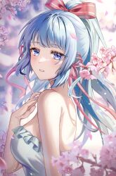 Rule 34 | 1girl, absurdres, alternate costume, ayaka (genshin impact), bare shoulders, blue eyes, blue hair, blue nails, blush, bow, bowtie, breasts, cherry blossoms, cowboy shot, dress, expressionless, genshin impact, high ponytail, highres, light blue hair, long hair, looking at viewer, medium breasts, mella (mell a12), nail polish, pink bow, pink bowtie, sidelocks, solo, teeth, white dress