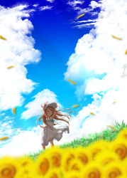 Rule 34 | 1girl, alternate costume, blue sky, blurry, brown eyes, brown hair, cloud, commentary request, day, depth of field, dress, flower, fyuo, glasses, hat, highres, kantai collection, long hair, mochizuki (kancolle), outdoors, red-framed eyewear, scenery, sky, solo, standing, sun hat, sundress, sunflower, white dress