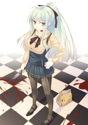 Rule 34 | &gt;:&lt;, 1girl, :&lt;, bag, blood, blood stain, bloody knife, blue eyes, checkered floor, closed mouth, heterochromia, kazushiki midori, knife, long hair, mary janes, original, pantyhose, paper bag, shoes, skirt, solo, striped clothes, striped pantyhose, v-shaped eyebrows, vertical-striped clothes, vertical-striped pantyhose, wide ponytail, yellow eyes