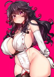 Rule 34 | 1girl, absurdres, ahoge, armpits, arms behind back, bad id, bad tumblr id, bare shoulders, black thighhighs, blush, bracelet, breasts, covered erect nipples, cowboy shot, curly hair, elbow gloves, gloves, heart, heart-shaped pupils, highres, huge breasts, jewelry, long hair, looking at viewer, navel, nyarla (osiimi), original, osiimi, pelvic curtain, pink background, pink eyes, purple hair, sash, simple background, solo, symbol-shaped pupils, thick thighs, thighhighs, thighs, white gloves