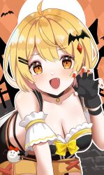 Rule 34 | 1girl, ahoge, argyle, argyle background, argyle clothes, arm support, armband, bat (animal), black choker, blonde hair, blush, breasts, bustier, choker, claw pose, cleavage, fang, fingerless gloves, gloves, hair ornament, hairclip, halloween, hand up, highres, hololive, looking at viewer, medium breasts, open mouth, orange eyes, red nails, shimaketa, short hair, short shorts, shorts, smile, solo, virtual youtuber, yozora mel, yozora mel (2nd costume)