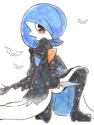 Rule 34 | 1girl, bat (animal), black cloak, black footwear, black gloves, blue hair, blue skin, bob cut, clenched hand, cloak, closed mouth, clothed pokemon, colored skin, creatures (company), dagger, female focus, full body, game freak, gardevoir, gen 3 pokemon, gloves, hair over one eye, hand up, holding, holding dagger, holding knife, holding weapon, kneeling, knife, muguet, multicolored skin, nintendo, on one knee, orange eyes, pokemon, pokemon (creature), short hair, simple background, solo, sparkle, two-tone skin, weapon, white background, white skin