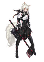 Rule 34 | 1girl, animal ear fluff, animal ears, arknights, armor, axe, black dress, black footwear, black gloves, blood, blood on axe, blood on face, blood splatter, boots, chinese commentary, commentary request, dress, full body, gloves, highres, holding, holding axe, horse ears, horse girl, horse tail, long hair, looking at viewer, material growth, nearl (arknights), oripathy lesion (arknights), pauldrons, ponytail, red eyes, shoulder armor, simple background, solo, standing, tail, torn clothes, torn dress, white background, white hair, yeklsa