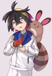 Rule 34 | 1boy, ahoge, aritsune01, black hair, blue shirt, blush, collared shirt, colored inner hair, commentary request, creatures (company), crossed bangs, game freak, gen 2 pokemon, gloves, grey background, hair between eyes, hairband, head tilt, highres, holding strap, jacket, kieran (pokemon), long sleeves, male focus, mole, mole on neck, multicolored hair, necktie, nintendo, open mouth, partially fingerless gloves, pokemon, pokemon (creature), pokemon on back, pokemon sv, red necktie, sentret, shirt, short hair, shorts, single glove, white jacket, white shorts, yellow eyes, yellow hairband
