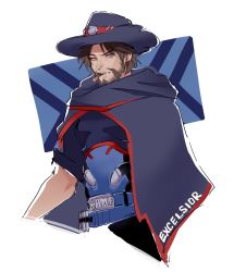 Rule 34 | 1boy, beard, belt, brown eyes, brown hair, bullet, cape, cassidy (overwatch), cigarette, cowboy hat, excelsior mccree, facial hair, hat, highres, hyoon (sockgyu), male focus, official alternate costume, overwatch, overwatch 1, overwatch league, simple background, smoking, solo, teeth, upper body, white background