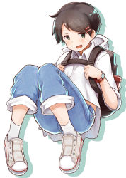 Rule 34 | 10s, 1girl, :d, alternate costume, androgynous, backpack, bag, black hair, casual, converse, green eyes, hair ornament, hairclip, highres, kantai collection, looking at viewer, mogami (kancolle), okitsugu, open mouth, shoes, short hair, simple background, smile, sneakers, socks, solo, watch, white background, white socks, wristwatch