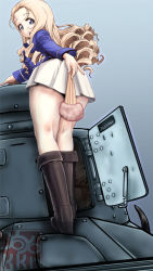 Rule 34 | 1girl, alternate eye color, artist logo, bc freedom military uniform, black footwear, blonde hair, blue eyes, blue jacket, boots, closed mouth, commentary request, covering privates, covering ass, drill hair, folding fan, from behind, ft-17, girls und panzer, hand fan, highres, holding, holding fan, jacket, knee boots, kneepits, leaning forward, long hair, long sleeves, looking at viewer, looking back, marie (girls und panzer), military, military uniform, miniskirt, partial commentary, pleated skirt, revision, skirt, smile, solo, standing, tank, uniform, white skirt, yoyokkun