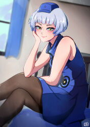 Rule 34 | 1girl, ararartti, artist name, blue dress, blue hat, blurry, blurry background, closed mouth, commentary request, dress, elizabeth (persona), eyelashes, french commentary, grey hair, hat, highres, indoors, looking at viewer, on bed, pantyhose, persona, persona 3, persona 3 reload, short hair, sitting, sleeveless, sleeveless dress, smile, solo, yellow eyes