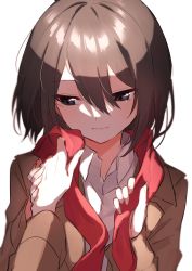 Rule 34 | 1girl, :|, absurdres, adjusting another&#039;s clothes, bad id, bad pixiv id, black eyes, black hair, blush, bob cut, brown jacket, closed mouth, dress shirt, hair between eyes, hair strand, highres, hinakano h, holding hands, jacket, long bangs, long sleeves, looking away, looking down, mikasa ackerman, pov, pov hands, red neckwear, red scarf, scarf, shaded face, shingeki no kyojin, shirt, short hair, simple background, solo focus, tearing up, upper body, white background, white shirt