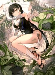 Rule 34 | 1girl, absurdres, arknights, bare legs, bare shoulders, black hair, black one-piece swimsuit, blacknight (arknights), blacknight (summer flower) (arknights), blush, breasts, brown eyes, casual one-piece swimsuit, cleavage, closed mouth, creature, detached sleeves, feet, full body, green nails, high heels, highres, horns, jewelry, large breasts, leaf, legs, long hair, long sleeves, looking at viewer, nail polish, necklace, official alternate costume, one-piece swimsuit, pointy ears, sandals, smile, solo, swimsuit, tail, thigh strap, toenail polish, toenails, toes, very long hair, yuki flourish
