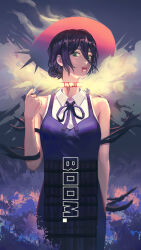 Rule 34 | 1girl, blood, blood from mouth, bomb devil (chainsaw man), chainsaw man, collared shirt, dinhosaur, dress, dynamite, explosion, explosive, green eyes, grenade pin, hair between eyes, hair bun, highres, looking at viewer, neck ribbon, pinafore dress, purple hair, reze (chainsaw man), ribbon, severed head, shirt, short hair, single hair bun, sleeveless, sleeveless dress, sleeveless shirt, smoke, solo, white shirt