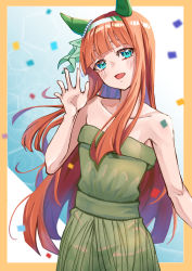 Rule 34 | 1girl, absurdres, animal ears, bare arms, bare shoulders, blush, border, collarbone, confetti, dress, ear covers, flat chest, green dress, green eyes, hairband, hand up, highres, horse ears, kento (kentdrawing), long hair, looking at viewer, open mouth, orange hair, outside border, silence suzuka (umamusume), smile, solo, strapless, strapless dress, umamusume, waving, yellow border