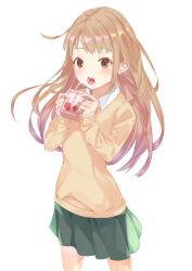 Rule 34 | 1girl, absurdres, blush, brown eyes, brown hair, drinking straw, green skirt, highres, juice box, long hair, long sleeves, looking at viewer, louie (sun737373), miyano (tanakeda), open mouth, school uniform, simple background, skirt, solo, standing, sweater, tanaka-kun wa itsumo kedaruge, translated, white background, yellow sweater