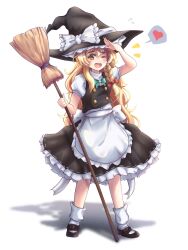 Rule 34 | 1girl, black hat, black vest, blonde hair, bow, braid, collared shirt, cropped torso, fang, frilled hat, frills, h3p0, hair between eyes, hand up, hat, hat bow, highres, kirisame marisa, looking at viewer, medium hair, open mouth, puffy short sleeves, puffy sleeves, shirt, short sleeves, side braid, simple background, single braid, smile, solo, touhou, upper body, v, vest, white background, white bow, white shirt, witch hat, yellow eyes