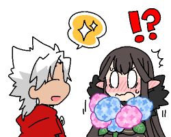 Rule 34 | !?, 0 0, 1boy, 1girl, :d, ^^^, amakusa shirou (fate), black dress, black hair, blue flower, blush, bouquet, chibi, cloak, closed eyes, dark-skinned male, dark skin, dress, ear blush, earrings, facing another, fate/apocrypha, fate (series), flower, fur trim, haretaka, holding, holding bouquet, hydrangea, jewelry, looking at another, lowres, medium hair, motion lines, open mouth, pink flower, pointy ears, red cloak, semiramis (fate), simple background, smile, sparkle, speech bubble, sweatdrop, upper body, white background, white hair