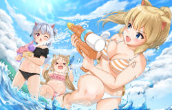 Rule 34 | &gt; &lt;, 3girls, :d, animal ear fluff, animal ears, bare arms, bare legs, bare shoulders, barefoot, bikini, black bikini, blonde hair, blue eyes, blue sky, blush, breasts, brown hair, cat ears, cat girl, cat tail, closed eyes, cloud, commentary request, day, firing, grey hair, highres, hiyori-chan, holding, koruri-chan (sora), long hair, low twintails, medium breasts, multiple girls, navel, one eye closed, open mouth, original, outdoors, pink bikini, plump, ponytail, red eyes, sky, smile, sora (silent square), standing, standing on one leg, striped bikini, striped clothes, swimsuit, tail, tsugumi-chan (sora), twintails, v-shaped eyebrows, very long hair, water, water gun, wavy mouth