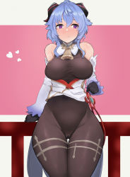 Rule 34 | 1girl, ahoge, armor, averting eyes, bare shoulders, bell, black bodysuit, black pantyhose, blue hair, blush, bodysuit, bow, breasts, clothes lift, commentary request, crotch, detached sleeves, embarrassed, ganyu (genshin impact), genshin impact, highres, horns, lifting own clothes, long hair, low ponytail, medium breasts, neck bell, pantyhose, presenting, purple eyes, smile, solo, standing, thighs, wide hips, yana-ma