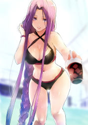 Rule 34 | 1girl, bare shoulders, bikini, black bikini, blurry, blurry background, bracelet, braid, breasts, cleavage, collarbone, criss-cross halter, cup, fate/stay night, fate (series), halterneck, hand in own hair, highres, hip focus, holding, holding cup, jewelry, large breasts, long braid, long hair, looking at viewer, medusa (fate), medusa (rider) (fate), navel, official alternate costume, outstretched arm, parted bangs, purple eyes, purple hair, single braid, smile, solo, square pupils, swimsuit, taishi (picchiridou), thighs, very long hair, wet