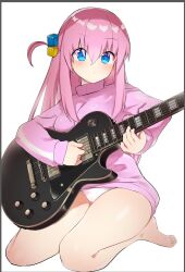 Rule 34 | 1girl, barefoot, blue eyes, blush, bocchi the rock!, border, breasts, caburi, cube hair ornament, electric guitar, gotoh hitori, guitar, hair between eyes, hair ornament, highres, holding, holding instrument, instrument, jacket, long hair, long sleeves, looking at viewer, medium breasts, one side up, panties, pink hair, pink jacket, plectrum, simple background, solo, track jacket, underwear, white background, white panties