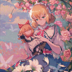 Rule 34 | 1girl, alice margatroid, aqua eyes, azusa0v0, blonde hair, blue dress, blush, capelet, closed mouth, dress, flower, hair between eyes, hairband, highres, jewelry, lolita hairband, petals, pink flower, puppet rings, red hairband, ring, shanghai doll, short hair, short sleeves, touhou, white capelet, white flower