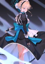 Rule 34 | 1girl, absurdres, apron, back turned, barefoot, black dress, black gloves, blonde hair, blue archive, blue bow, blue eyes, blue ribbon, bow, braid, chuck (harfmoondark), dress, earphones, feet, fingerless gloves, foot out of frame, gloves, halo, highres, looking at viewer, maid, maid apron, maid headdress, pouch, ribbon, sidelocks, soles, toes, toki (blue archive), v