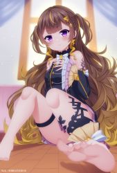 Rule 34 | 1girl, absurdres, anya melfissa, artist name, barefoot, blurry, blurry background, blush, brown hair, detached sleeves, feet, hair ornament, highres, hololive, hololive indonesia, long hair, looking at viewer, purple eyes, sitting, thighs, user kxep3344, virtual youtuber, window