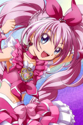 Rule 34 | 10s, 1girl, blue eyes, bow, choker, cure melody, earrings, heart, houjou hibiki, jewelry, magical girl, midriff, miesa, navel, open mouth, pink bow, pink hair, precure, skirt, solo, suite precure, twintails