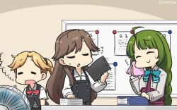 Rule 34 | 3girls, ahoge, arashio (kancolle), black vest, blazer, blonde hair, book, bow, bowtie, braid, brown hair, clipboard, closed eyes, commentary request, dated, dress, electric fan, green hair, halterneck, hamu koutarou, highres, jacket, kantai collection, long hair, long sleeves, maikaze (kancolle), mole, mole under mouth, multiple girls, one-hour drawing challenge, paper stack, parted bangs, pinafore dress, pink towel, ponytail, remodel (kantai collection), school uniform, scrunchie, shirt, short ponytail, single braid, sleeveless dress, smile, towel, upper body, vest, white shirt, whiteboard, yuugumo (kancolle)