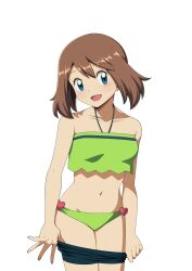 Rule 34 | 1girl, bikini, black shorts, blue eyes, breasts, brown hair, clothes pull, creatures (company), game freak, green bikini, highres, may (pokemon), medium hair, nintendo, pokemon, pokemon (anime), pokemon rs020, pokemon rse (anime), shorts, shorts pull, simple background, small breasts, smile, solo, suitenan, swimsuit, undressing, white background