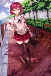 Rule 34 | 1girl, bag, beach, bench, black thighhighs, blouse, blush, brown eyes, brown footwear, choker, cloud, cloudy sky, day, dutch angle, earrings, fence, follen (639594), hand on own hip, heart, highres, holding, jewelry, loafers, looking at viewer, original, outdoors, pink shirt, plaid, plaid skirt, pleated skirt, red hair, ribbon, road, school bag, school uniform, shirt, shoes, short hair, short sleeves, skirt, sky, smile, solo, standing, thighhighs, tree, watch, white shirt, zettai ryouiki