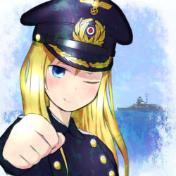 Rule 34 | 10s, 1girl, alternate costume, bad id, bad pixiv id, battleship, bismarck, bismarck (kancolle), blonde hair, blue eyes, blue sky, blush, buttons, clenched hand, hat, historical name connection, kantai collection, kriegsmarine, long hair, long sleeves, military, military uniform, military vehicle, name connection, ocean, outdoors, peaked cap, ship, sky, smile, solo, sumizono, swastika, uniform, upper body, warship, water, watercraft
