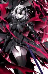 Rule 34 | 1girl, ahoge, armor, armored dress, black armor, black thighhighs, breasts, cape, chain, fate/grand order, fate (series), faulds, fire, flag, fur-trimmed cape, fur collar, fur trim, gauntlets, headpiece, jeanne d&#039;arc (fate), jeanne d&#039;arc alter (avenger) (fate), jeanne d&#039;arc alter (fate), kousaki rui, large breasts, looking at viewer, pale skin, plackart, sheath, short hair, signature, silver hair, smile, solo, sword, thighhighs, thighs, weapon, yellow eyes