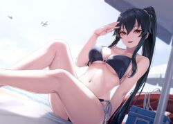 Rule 34 | 1girl, aircraft, bare shoulders, beach, beach umbrella, bikini, black bikini, black hair, blurry, blurry background, breasts, brown eyes, closed mouth, collarbone, commentary, cooler, hair between eyes, hand up, helicopter, high ponytail, kantai collection, large breasts, long hair, looking at viewer, medium breasts, navel, ocean, open mouth, outdoors, ponytail, rokuwata tomoe, seaplane, side-tie bikini bottom, sitting, smile, solo, strap gap, swimsuit, teeth, thighs, umbrella, underboob, upper teeth only, very long hair, water, yahagi (kancolle), yellow eyes