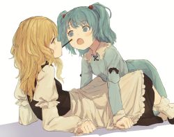 Rule 34 | all fours, apron, bionekojita, black skirt, blonde hair, blue eyes, blue hair, blue skirt, commentary request, food, hair bobbles, hair ornament, kawashiro nitori, kirisame marisa, kneeling, long sleeves, lying, mouth hold, open mouth, pocky, pocky day, simple background, skirt, skirt set, touhou, two side up, waist apron, white background, yellow eyes, yuri