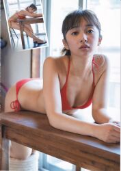 Rule 34 | 1girl, bikini, highres, indoors, komiya arisa, looking at viewer, magazine scan, multiple views, photo (medium), red bikini, scan, sitting, swimsuit, voice actor