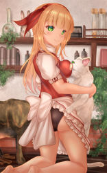 Rule 34 | 1boy, 1girl, apron, ass, back bow, bare legs, barefoot, black panties, blonde hair, bow, cat, commentary request, ellen (touhou), frilled apron, frills, green eyes, hair bow, hairband, highres, kneeling, long hair, panties, puffy short sleeves, puffy sleeves, red bow, red hairband, red ribbon, red vest, ribbon, shirt, short sleeves, shounen (hogehoge), smile, sokrates (touhou), touhou, touhou (pc-98), underwear, vest, waist apron, white bow, white cat, white shirt