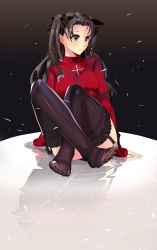 Rule 34 | 1girl, absurdres, bad id, bad pixiv id, black thighhighs, fate/stay night, fate (series), garter straps, green eyes, highres, legs, lingerie, long hair, lucky (1045044604), reflection, simple background, sitting, solo, thighhighs, tohsaka rin, twintails, two side up, underwear