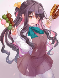 Rule 34 | 1girl, black hair, blouse, blue ribbon, bow, bowtie, breasts, cherry blossoms, corn dog, cowboy shot, dango, dress, em s, food, gradient background, grey pantyhose, hair down, halterneck, highres, holding, holding food, ikayaki, kantai collection, large breasts, long hair, looking at viewer, multicolored hair, naganami (kancolle), neck ribbon, one eye closed, pantyhose, petals, pink background, pink hair, ribbon, shirt, sleeveless, solo, squid, two-tone hair, wagashi, wavy hair, white shirt