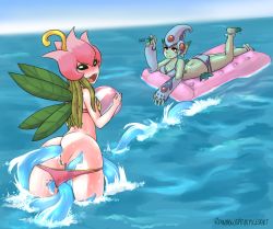 Rule 34 | 2girls, absurdres, anal, ass, ball, barefoot, beach, beachball, bikini, bikini pull, blush, breasts, clitoral hood, clothes pull, colored sclera, colored skin, digimon, digimon (creature), digimon frontier, fairy wings, fangs, fish girl, green sclera, green skin, highres, leaf wings, lilimon, lying, medium breasts, monster girl, multiple girls, nail polish, ocean, on stomach, open mouth, plant girl, pussy, rainbowsprinklesart, ranamon, red eyes, smile, standing, swimsuit, tentacle sex, tentacles, uncensored, water, wings
