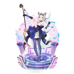 Rule 34 | 1girl, animal ears, bare shoulders, black gloves, black pantyhose, blue dress, blue eyes, breasts, cat ears, cat girl, cat tail, confetti, dress, elbow gloves, eversoul, full body, game cg, gloves, hair ornament, hairband, high heels, highres, holding, holding microphone stand, idol, idol clothes, looking at viewer, medium breasts, microphone, microphone stand, musical note, neck garter, off shoulder, official alternate costume, official alternate hairstyle, official art, open mouth, pantyhose, seeha (eversoul), short hair, solo, spotlight, stage, stage lights, swept bangs, tachi-e, tail, transparent background, white hair