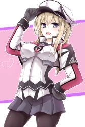 Rule 34 | 10s, 1girl, ayunosu, blonde hair, gloves, graf zeppelin (kancolle), hand on own hip, hat, highres, kantai collection, long hair, open mouth, pantyhose, peaked cap, solo, teeth