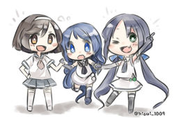 Rule 34 | 10s, 3girls, :d, absurdly long hair, black hair, blue eyes, blue hair, blush, brown eyes, chibi, elbow gloves, fang, gloves, green eyes, hair ribbon, hairband, holding hands, hand on own hip, hisui (kimochi), kantai collection, long hair, low twintails, multiple girls, necktie, one eye closed, open mouth, outstretched arm, pointing, pointing up, ribbon, samidare (kancolle), school uniform, serafuku, short hair, smile, suzukaze (kancolle), tanikaze (kancolle), twintails, twitter username, very long hair, wavy mouth, white background