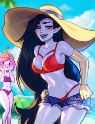 Rule 34 | 2girls, adventure time, alternate costume, bare shoulders, bikini, black hair, blush, blushyspicy, colored skin, commentary, contrapposto, cowboy shot, crown, day, elbow gloves, fang, gloves, groin, hat, long hair, looking at viewer, marceline abadeer, multiple girls, navel, open clothes, open shorts, outdoors, palm tree, pink hair, pink skin, princess bonnibel bubblegum, purple bikini, red bikini, red eyes, shiny skin, shorts, solo focus, stomach, sun hat, swimsuit, tree, undressing, vampire, yuri