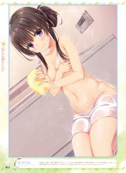 Rule 34 | bathing, blush, breasts, brown hair, closed mouth, covering privates, covering breasts, dengeki moeou, dutch angle, hair bun, hair ornament, highres, indoors, jewelry, looking at viewer, muririn, navel, nude, purple eyes, ring, short hair, sidelocks, single hair bun, small breasts, smile, solo, wedding band, wet