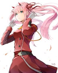 Rule 34 | 10s, 1girl, alternate hairstyle, arms up, bad id, bad pixiv id, belt, blunt bangs, breasts, buttons, chibi, closed mouth, coat, cowboy shot, darling in the franxx, double-breasted, expressionless, floating hair, gloves, hair ribbon, hairband, highres, horns, hoshizaki reita, long hair, long sleeves, looking at viewer, medium breasts, military, military uniform, necktie, orange necktie, petals, red coat, red ribbon, ribbon, signature, solo, standing, twintails, uniform, very long hair, white background, white gloves, white hairband, wind, zero two (darling in the franxx)