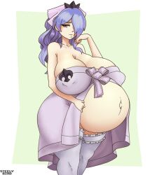 Rule 34 | 1girl, absurdres, bare shoulders, breasts, camilla (fire emblem), cleavage, covered erect nipples, curvy, female focus, fire emblem, fire emblem fates, hair over one eye, highres, huge breasts, long hair, looking at viewer, matching hair/eyes, navel, pregnant, purple eyes, purple hair, skindentation, solo, steelybird, thighhighs
